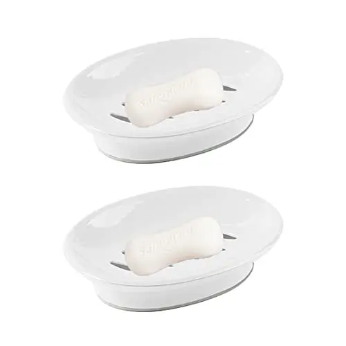 Classic white plastic soap dish with a slotted upper tray and a solid lower collection basin.