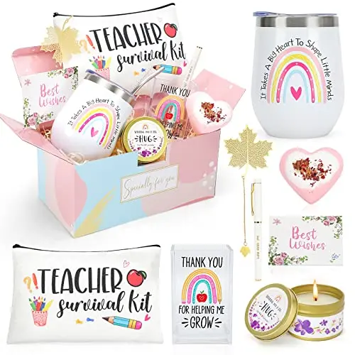 NaiCeay 8-piece teacher gift basket with 12 oz tumbler, pen holder, candle, and bath bomb