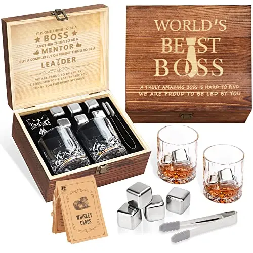 Oaksea wooden box whiskey stones set with engraved glasses for boss