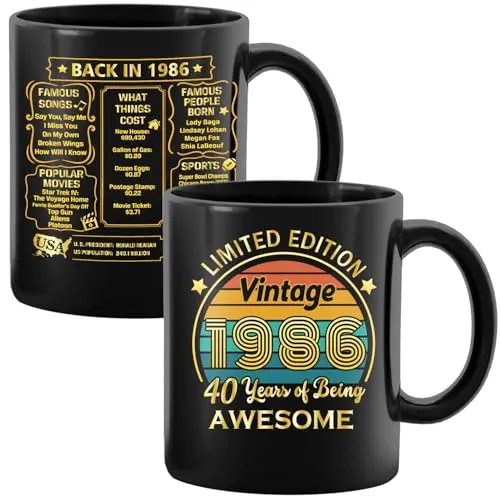 White ceramic coffee mug with vintage 1986 design and text