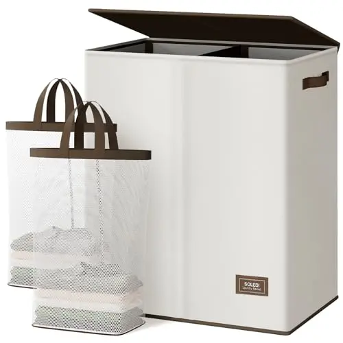 Off-white double compartment laundry hamper with a lid and two removable bags