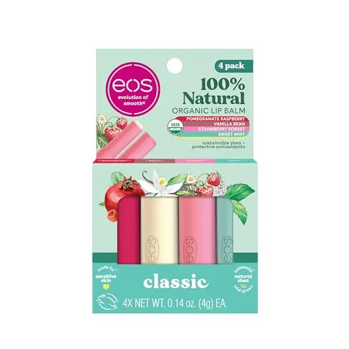 EOS 100% Natural & Organic Lip Balm Sticks in a 4-pack with flavors like Strawberry Sorbet and Sweet Mint