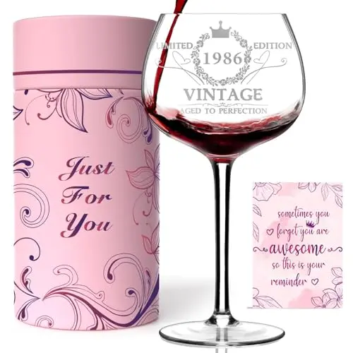 Lilac-tinted wine glass with 'Vintage 1986' text in an elegant round gift box