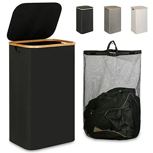 Black tall laundry hamper with a lid and smooth bamboo handles
