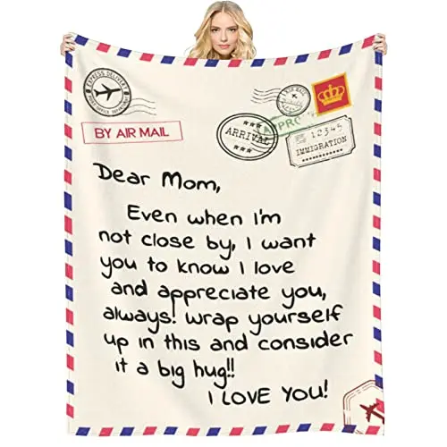 Soft flannel throw blanket with 'Dear Mom' and loving message text