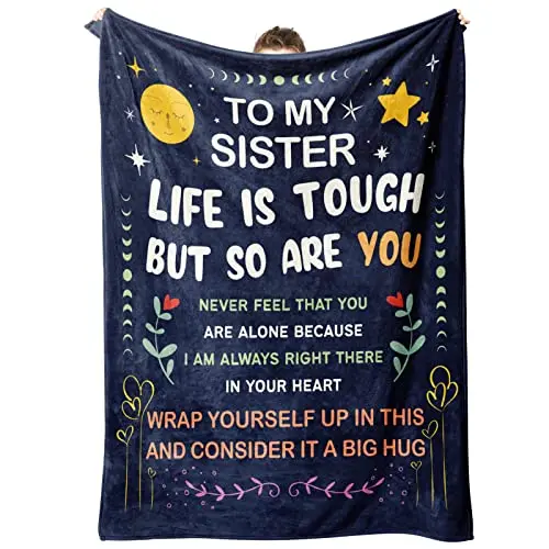 Blue throw blanket with an inspirational star pattern and motivational quote for sister