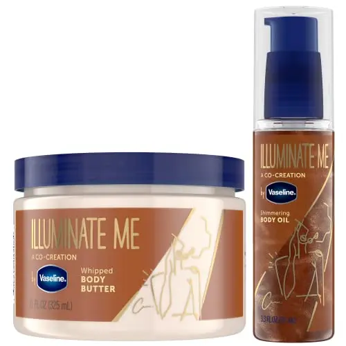 Vaseline Illuminate Me Body Butter and Shimmering Body Oil set in jars