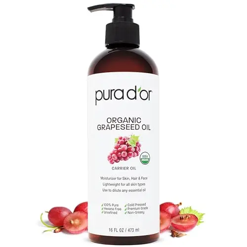 PURA D'OR USDA Organic Cold-Pressed Grapeseed Oil in a clear bottle.