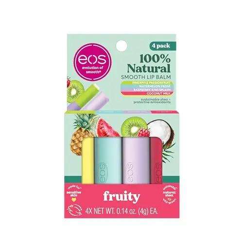 EOS 100% Natural Lip Balms 4-pack featuring Coconut Milk, Pineapple Passionfruit, Watermelon Frose, and Raspberry Kiwi Splash