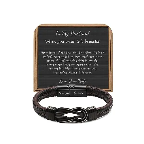 Brown leather bracelet with a stainless steel knot clasp and a love message card