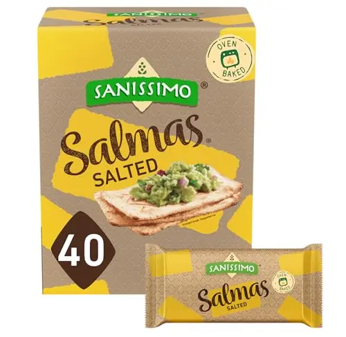 Sanissimo Salmas Salted Oven Baked Corn Crackers, gluten-free, in individual packs.