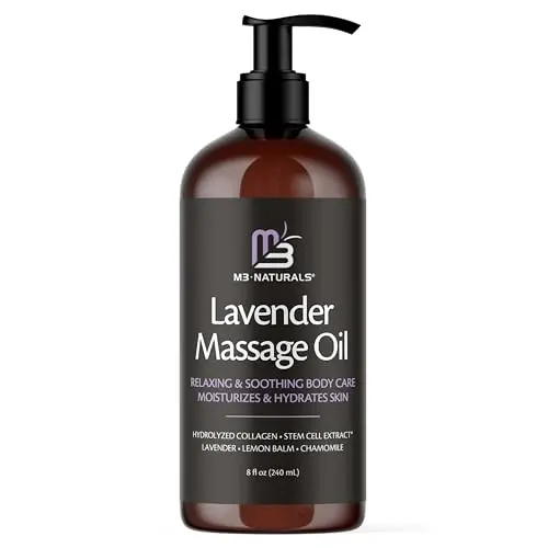 M3 Naturals Lavender Sensual Massage Oil bottle with collagen and stem cells