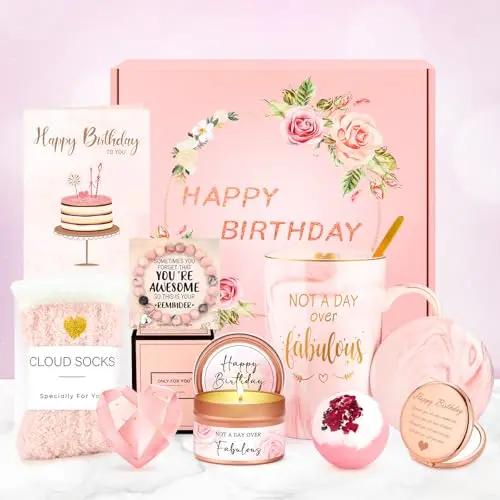 GAGALICO pink birthday gift basket for women containing a mug, candle, bracelet, and bath products