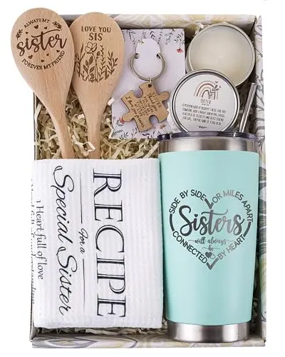ELEMENU gift basket for sister-in-law containing tumbler, candle, keychain, and kitchen items