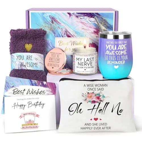 FRERDUI purple birthday gift box with tumbler mug, cosmetic bag, and scented candle