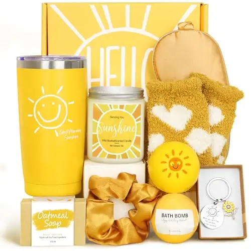 SUHCTUPTX yellow sunshine-themed gift basket with tumbler, stress ball, and bath products