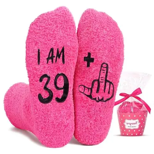 Fuzzy plush socks with 'I AM 39+1' text printed on the bottom