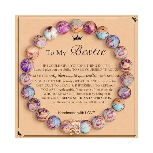 JoycuFF stretch friendship bracelet with colorful imperial jasper beads and crown charm