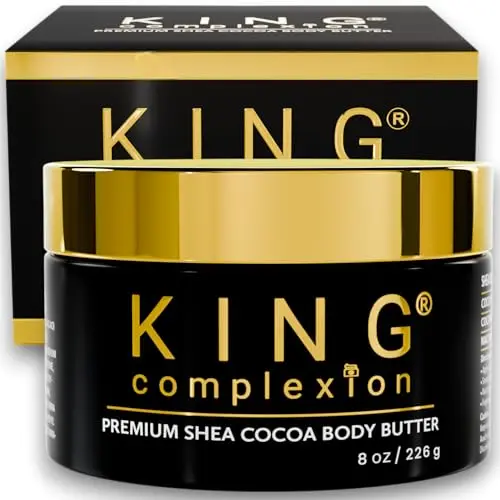 KING Complexion Shea Cocoa Body Butter in a large black jar