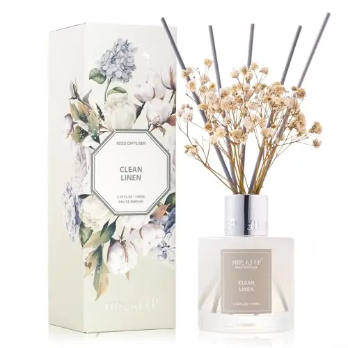 Airkeep Clean Linen Reed Diffuser Set in a green glass bottle with decorative flowers