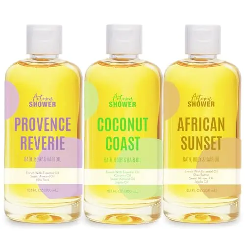 Autumn Shower three-pack of bath oils in Sweet Almond, Lavender, and Coconut scents