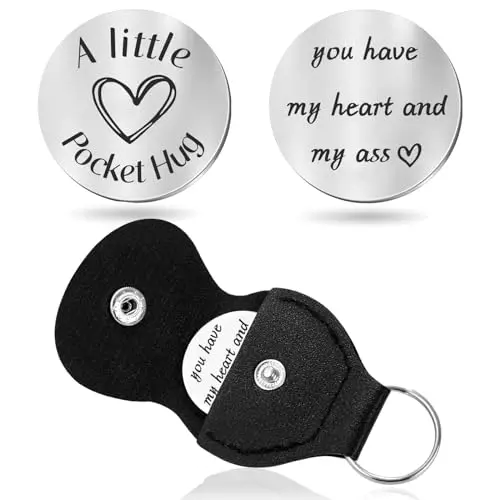 Teniinet stainless steel pocket hug token on a leather keychain