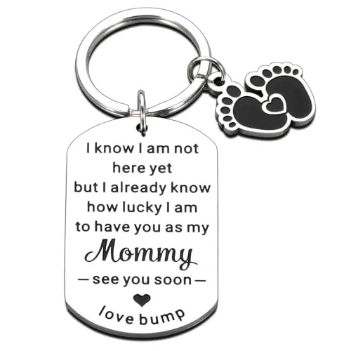 Stainless steel new mom keychain with sentimental message for first-time mothers in gift box