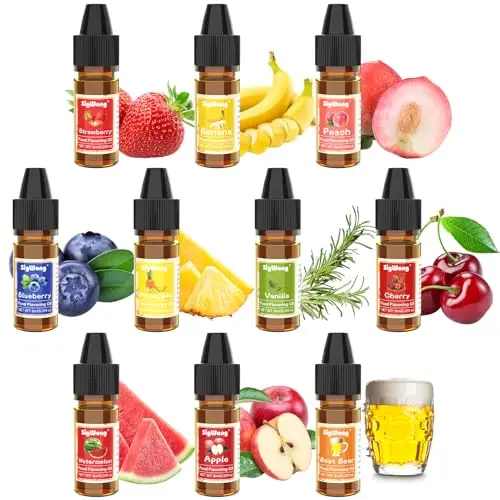 Pack of 10 small squeeze bottles of liquid flavoring oil in assorted flavors