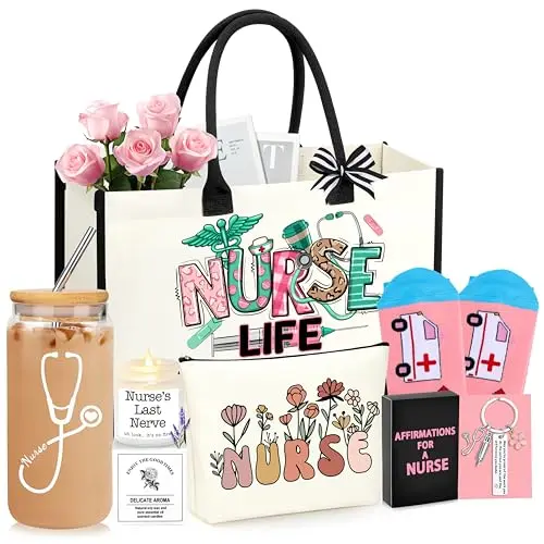 Nurse gift set featuring a canvas bag, glass can cup, fuzzy socks, candle, and keychain