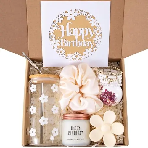 JTEWB white and purple daisy-themed gift set featuring a glass coffee cup, candle, and hair accessories