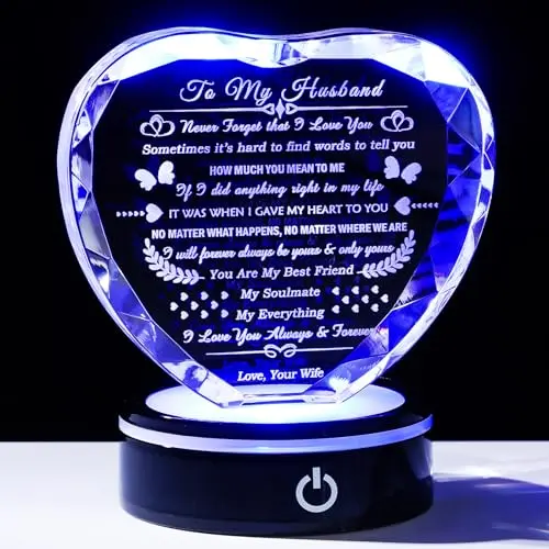 YWHL clear K9 crystal heart engraved with 'To My Husband' on a colorful LED light base