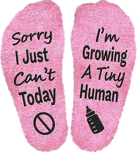 Funny pregnancy socks with Sorry I Can't Today I'm Growing A Tiny Human text in festive colors