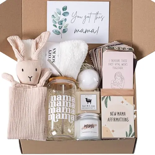 New Mom Care Package After Baby with affirmation cards, bunny lovey, and pampering items in gift box