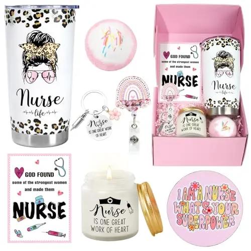 Pink vacuum-insulated tumbler with nurse design next to lavender candle and bath balls