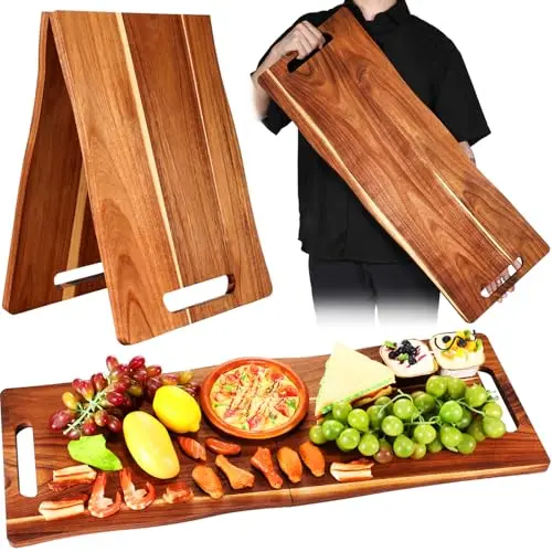 Essenya foldable rectangular acacia wood charcuterie board shown open and folded for storage.