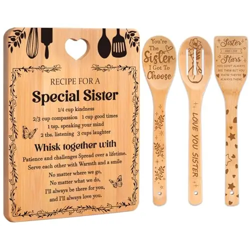Bamboo cutting board set with engraved messages, includes ladle, spatula, and colander