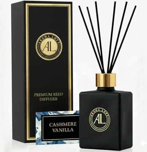 Aroma Loft black matte glass reed diffuser with cashmere vanilla scent