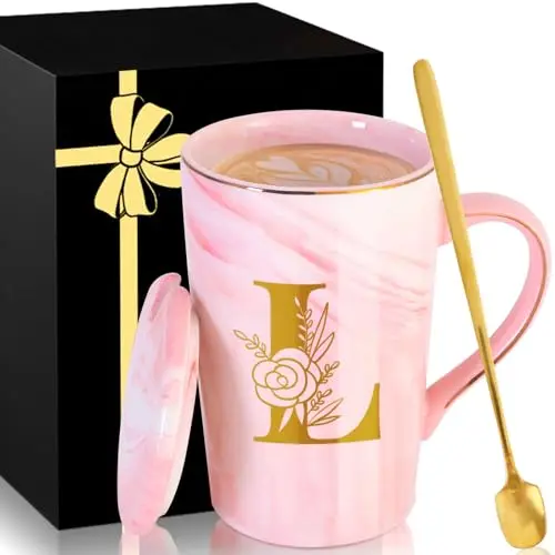 MNZZ personalized pink marble coffee mug with gold monogram letter and lid