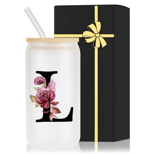 Wulcea frosted glass drinking cup with bamboo lid, straw, and monogram letter