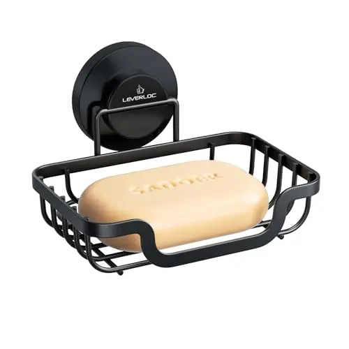 Black stainless steel bar soap holder with a patented octopus-design suction cup.