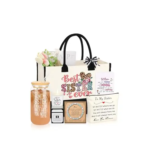 JSENGIFT Sister gift basket set containing tote bag, makeup bag, glass cup, bracelet, candle, and card