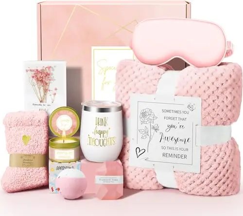 Kalokey gift basket featuring a flannel blanket, insulated tumbler, candle, bath bomb, and silk eye mask.