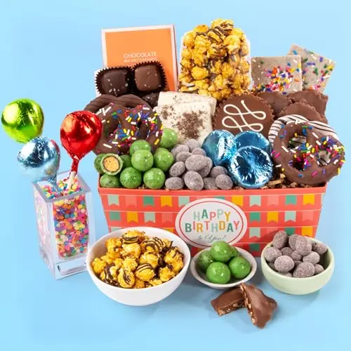 Birthday chocolate bliss basket with assorted chocolate treats in happy birthday box