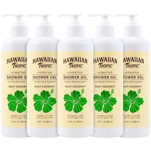 Five-pack of Hawaiian Tropic Silky Coconut hydrating body wash bottles