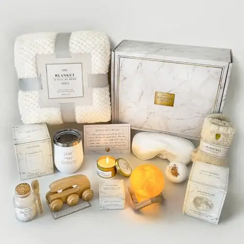 AHAGIFTREE care package gift box with a moon lamp, massage roller, blanket, and bath products.