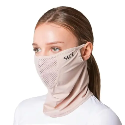 SUIGOLF KOREA UV protection half face balaclava in beige color showing breathable mesh area