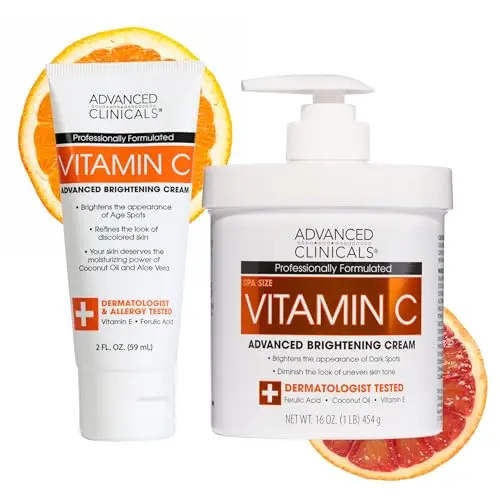 Advanced Clinicals Vitamin C Cream Visibly Brightening Body Lotion with a travel size jar