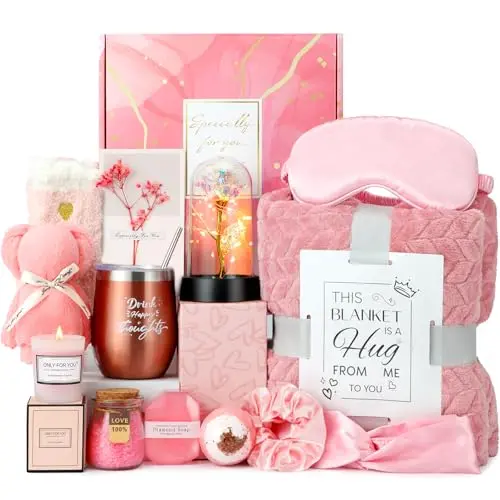 Hangerspace rose-scented gift basket with a light-up rose flower, blanket, tumbler, and assorted bath items.