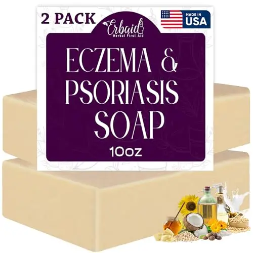 Erbaid Eczema Soap Bar with honey scent, a large, handmade bar on a rustic surface.