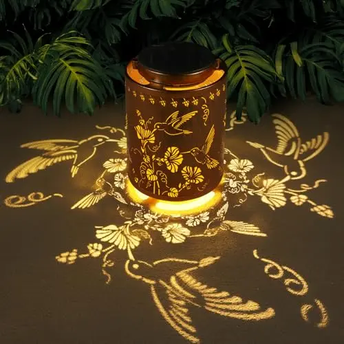 TEPAKEN gold metal outdoor solar lantern with hummingbird cut-out design